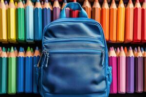 A blue backpack is surrounded by a row of colored pencils photo