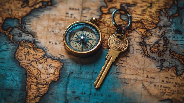 Compass and key on world map photo