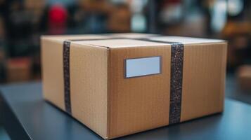 A brown cardboard box with a white label on it photo