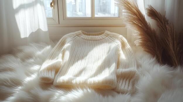 A sweater is sitting on a white rug in front of a window photo