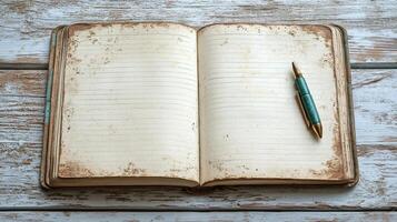 An open notebook with a pen on top of it photo