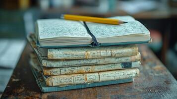 A stack of old books and a yellow pencil photo
