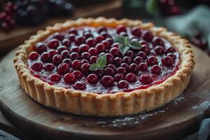 Savory meat pie resting on wooden surface surrounded by rustic decor photo