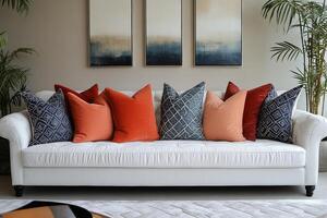 A white couch with orange and blue pillows photo