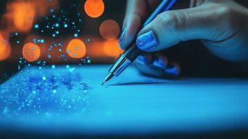 A person writing on a piece of paper with a pen photo