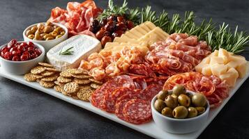 A platter of meat, cheese and crackers photo