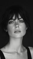 A black and white photo of a woman with freckles