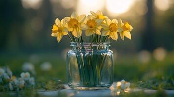 Yellow daffodils in a glass jar on the grass photo