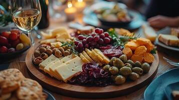 Cheese, crackers, grapes, olives, and wine on a wooden platter photo