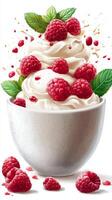 Raspberry yogurt with whipped cream and mint leaves photo