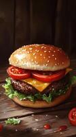 A painting of a hamburger with tomatoes and cheese photo