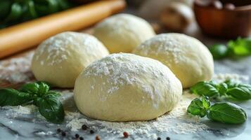 Three balls of dough with basil and spices photo
