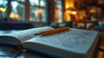 A notebook and pencil on a wooden table photo