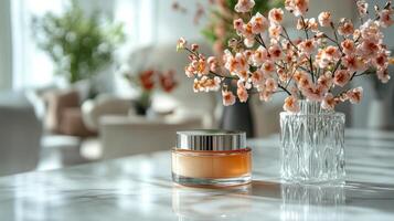 A jar of perfume sitting on a table next to a vase of flowers photo