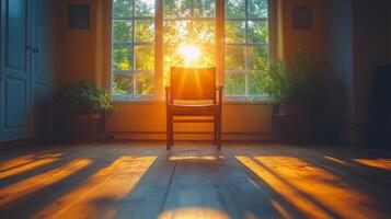 A chair is sitting in front of a window with the sun shining through photo
