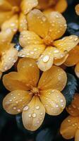 A close up of a bunch of yellow flowers with water droplets on them photo