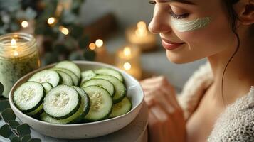 A woman with cucumber slices on her face photo
