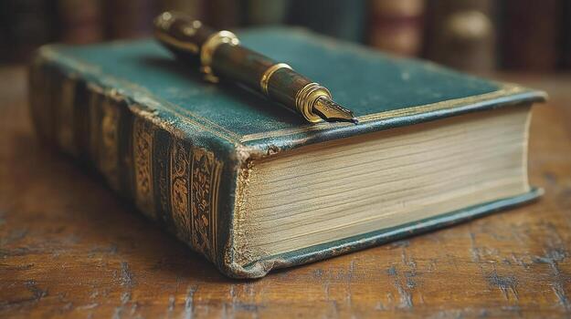 An old book with a pen on top of it photo