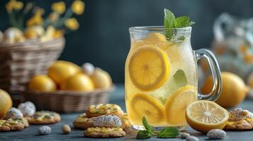 Lemonade in a glass with lemon slices and cookies photo