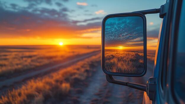 A side view mirror of a vehicle on a road at sunset photo