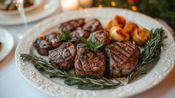 Grilled lamb chops served with roasted vegetables and yogurt sauce at a rustic dining table photo