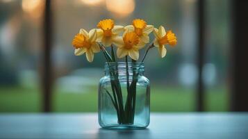 Yellow flowers in a glass jar on a table photo