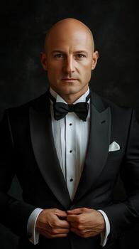 A bald man in a tuxedo and bow tie photo