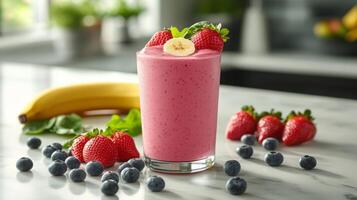 A smoothie with strawberries, bananas and blueberries photo