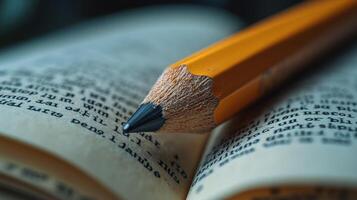 Pencil on an open book photo