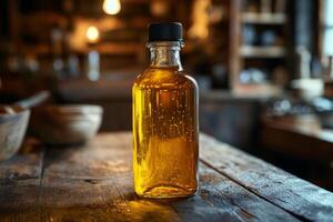 A bottle of oil sitting on a wooden table photo