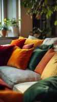 Colorful cushions on a couch in a living room photo