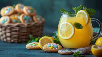 Lemonade with cookies and mint leaves photo