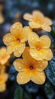 A group of yellow flowers with water droplets on them photo