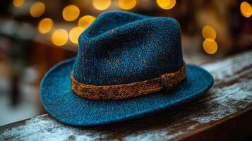 A blue hat sitting on a wooden table photo