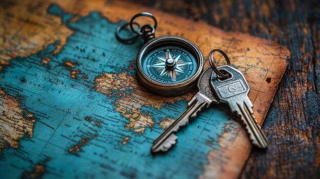Compass and keys on a map photo