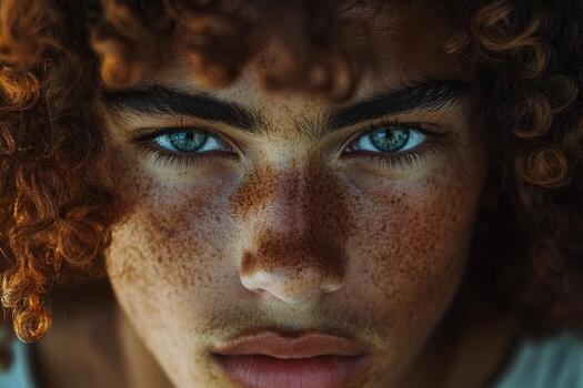 A close up of a young man with freckles photo