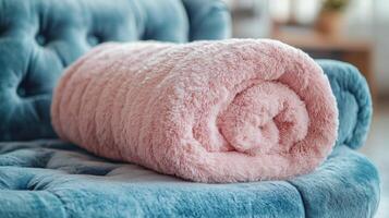 A pink blanket is rolled up on a blue couch photo