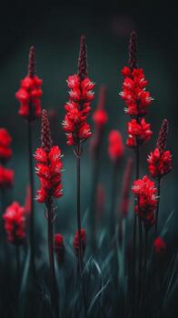 Red flowers in a field with a dark background photo