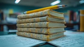 A stack of books with a pencil on top of them photo