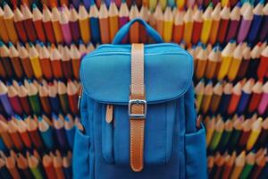 Bright blue backpack in front of colorful pencils displayed on a vibrant wall photo