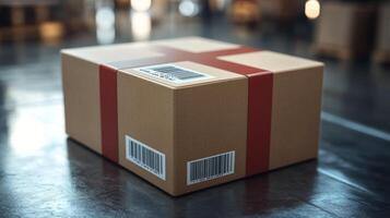 A brown box with a red ribbon on it sitting on a floor photo