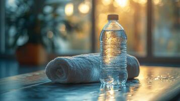 A bottle of water and a towel on a table photo