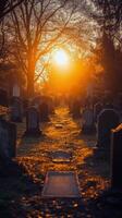 A cemetery with tombstones and trees at sunset photo