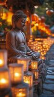 Buddha statue with candles in the background photo