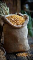 Corn in a sack on a wooden table photo