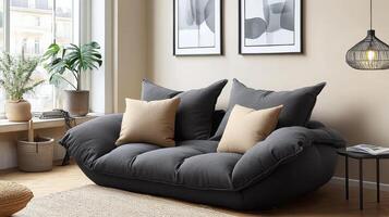A modern living room with a couch and a chair photo