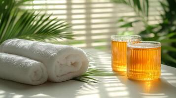 Two glasses of orange juice and a towel on a table photo