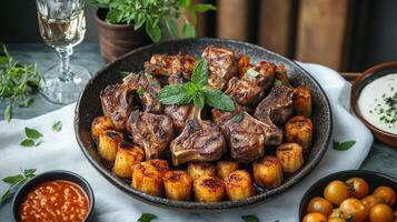 Grilled lamb chops with potatoes and sauce on a plate photo