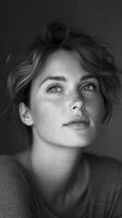 Black and white portrait of a woman with freckles photo