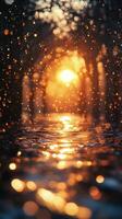 Raindrops on the water at sunset photo